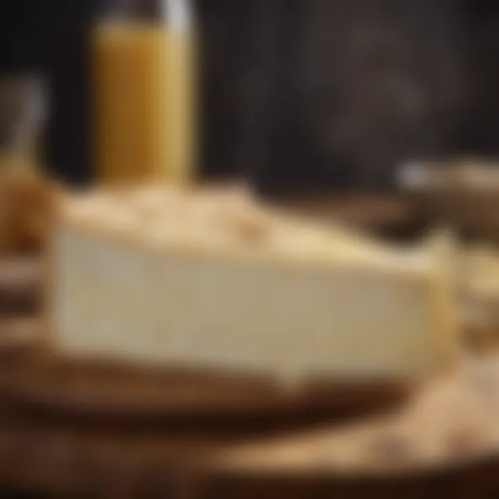 Close-up of a creamy Brie cheese with a rustic background