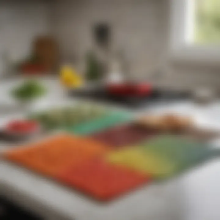 An array of heat resistant cooking mats in various colors and sizes displayed on a kitchen countertop.