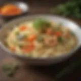 A bowl of light elbow noodles garnished with fresh herbs and colorful vegetables.