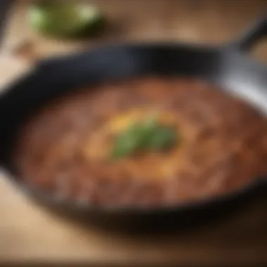 Close-up of the cast iron skillet showcasing its texture.