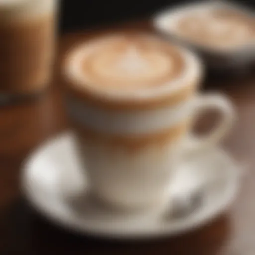 A close-up view of a beautifully crafted Café Latte with intricate latte art on top.