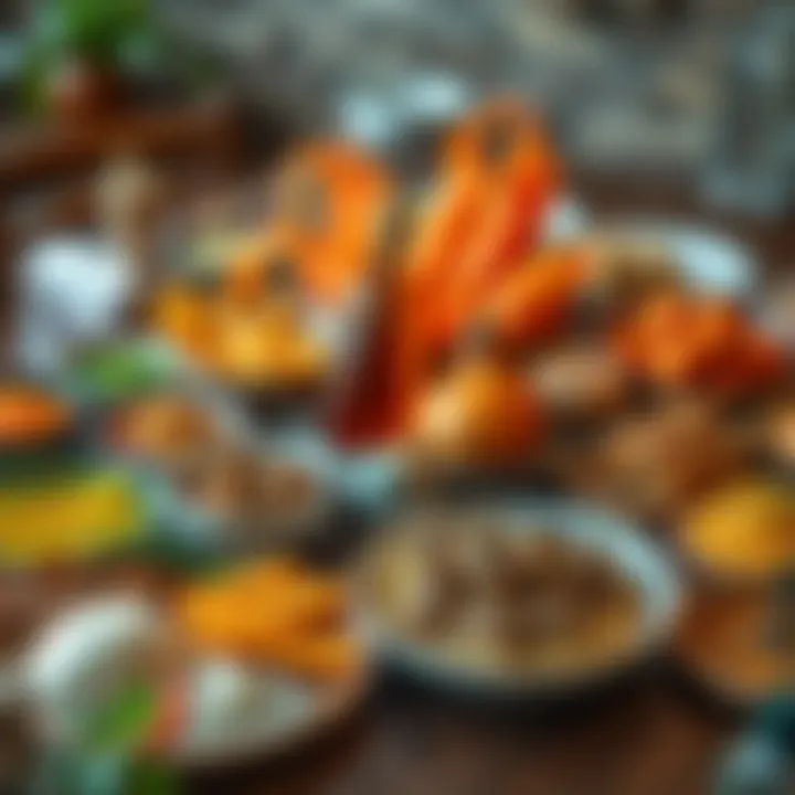 A beautifully arranged table featuring traditional foods with cultural significance