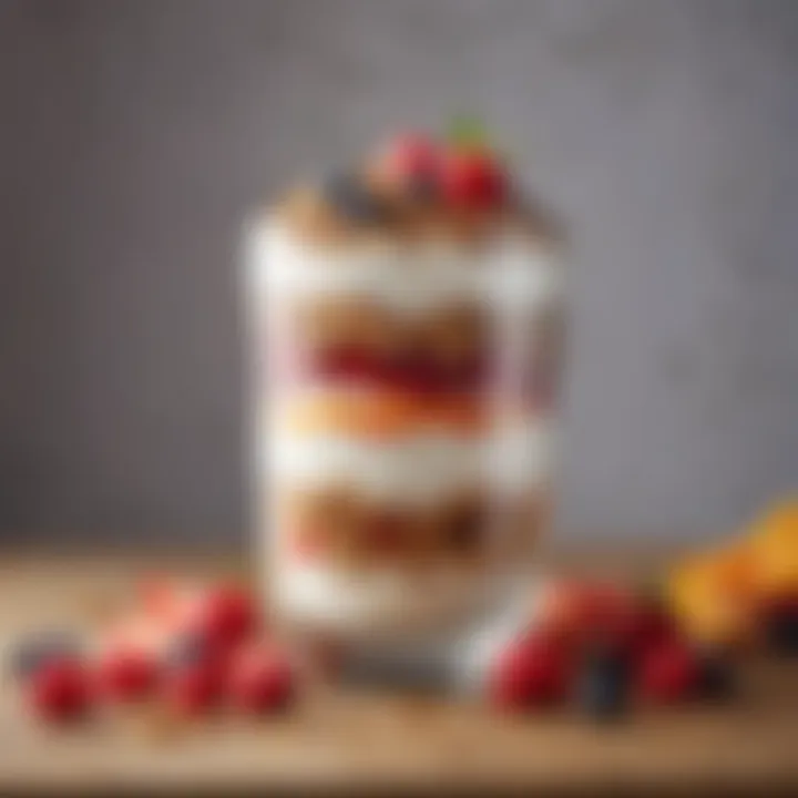 A beautifully layered yogurt parfait showcasing vibrant fruits and granola.