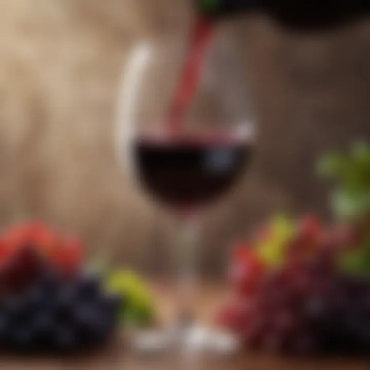 Glass filled with rich red Cabernet Sauvignon surrounded by grape clusters