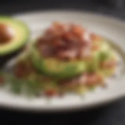 A beautifully styled keto recipe featuring avocado and bacon.