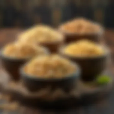 A variety of whole grains displayed in rustic bowls