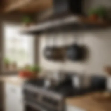 Rustic over stove rack displaying pots and pans, enhancing traditional kitchen aesthetics.