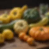 A vibrant display of various summer squash types arranged artfully on a wooden table