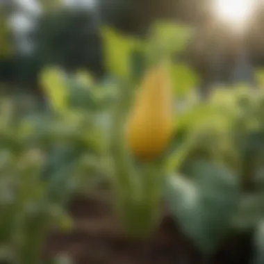 Summer Squash Plant in a Garden A flourishing summer squash plant thriving in a garden setting under sunlight