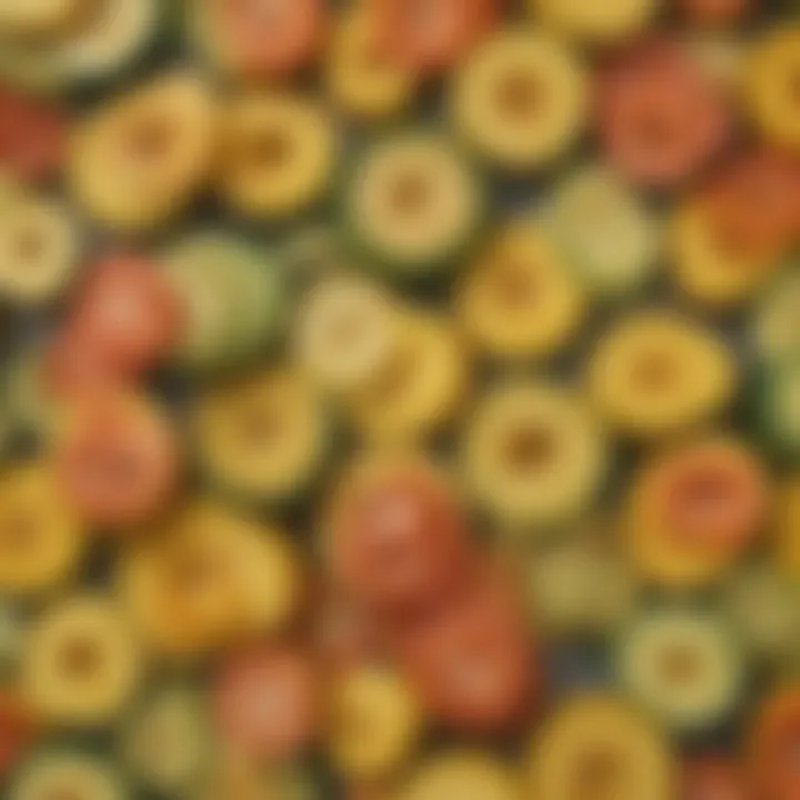 An assortment of colorful summer squash sliced and ready for a culinary dish