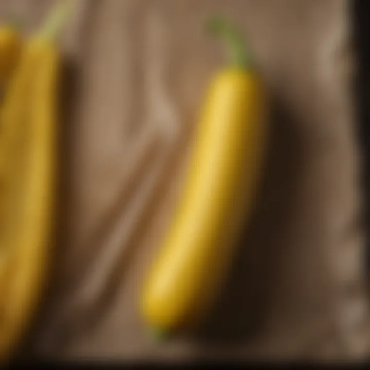 Close-up of a freshly harvested yellow zucchini resting on a rustic surface
