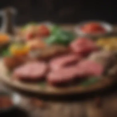 A variety of vegetarian meat alternatives arranged on a rustic table