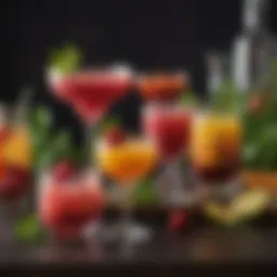A colorful assortment of non-alcoholic cocktails garnished with fresh fruits and herbs