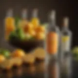 A vibrant citrus assortment showcasing lemons, limes, and oranges with vodka bottles in the background