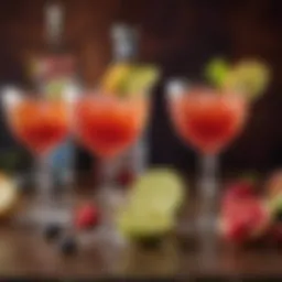 Colorful vodka cocktails garnished with fresh fruits