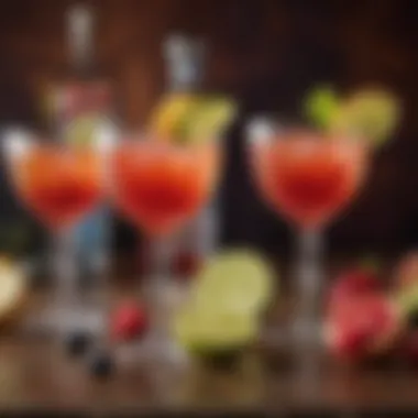 Colorful vodka cocktails garnished with fresh fruits