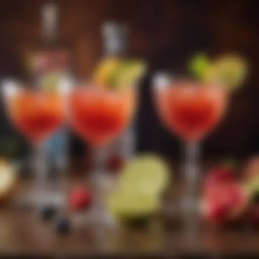 Colorful vodka cocktails garnished with fresh fruits