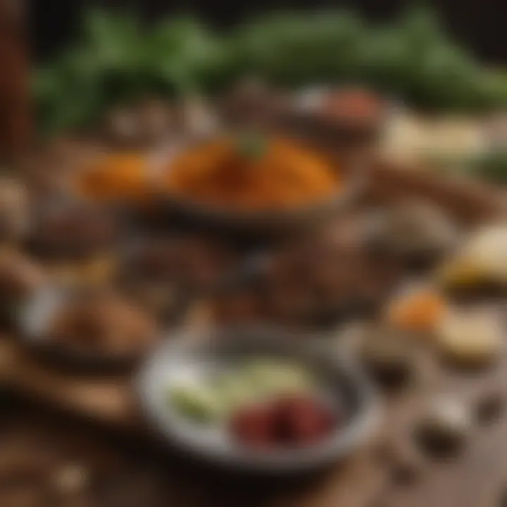 An array of spices and herbs reflecting the essence of Watkins' culinary philosophy