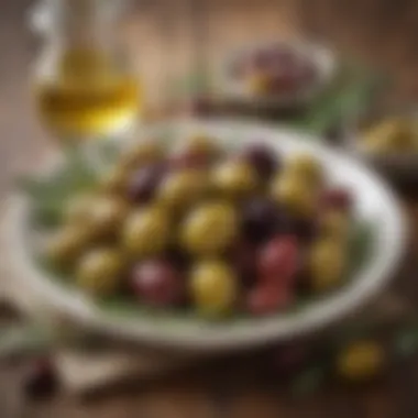 Quality Olives and Health Benefits A close-up of olives and olive oil, emphasizing quality and health benefits