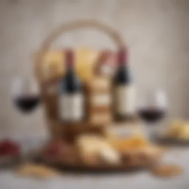 Elegant Wine Cheese and Cracker Gift Basket Artfully arranged wine, cheese, and crackers in an elegant gift basket