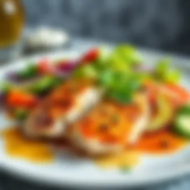 Elegant Flavor Pairing An elegant chicken breast preparation paired with a refreshing side salad, showcasing vibrant colors