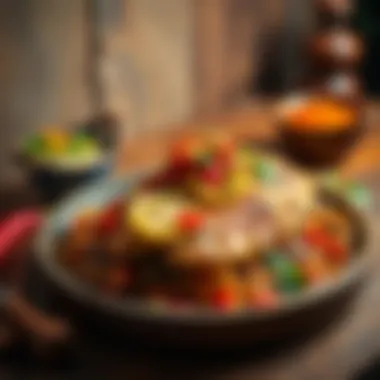 Exotic Spice Adventure A creative chicken breast dish featuring exotic spices and colorful garnishes on a rustic wooden table