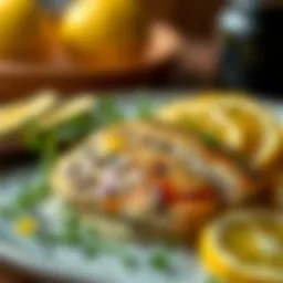 A beautifully plated herb-infused chicken breast garnished with fresh greens and citrus slices