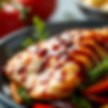 Savory Glazed Perfection Sizzling chicken breast with a rich, savory glaze atop a bed of vibrant vegetables