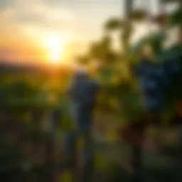 A serene vineyard showcasing grey grapes under a golden sunset