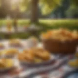 A picturesque park setting with a basket of golden fish and chips on a picnic blanket