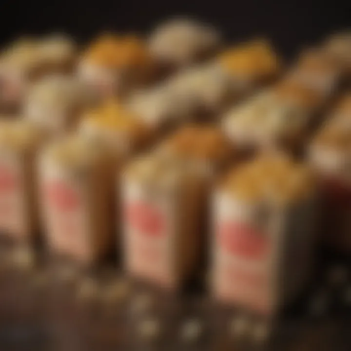 An array of flavored popcorn varieties displayed in paper bags.