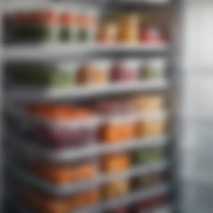 An organized freezer stocked with transparent containers