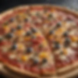 A close-up view of a frozen pizza showcasing its toppings