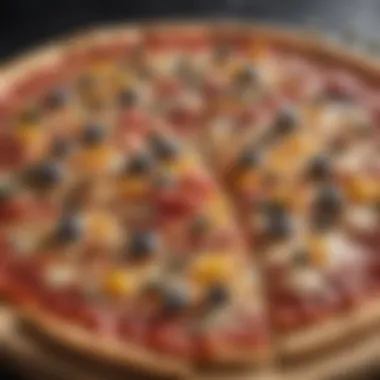 A close-up view of a frozen pizza showcasing its toppings