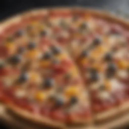 A close-up view of a frozen pizza showcasing its toppings