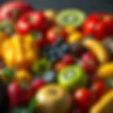 A vibrant assortment of colorful fruits and vegetables arranged artistically.