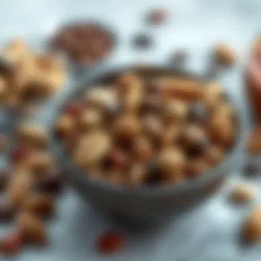 A close-up view of a bowl filled with assorted nuts and seeds showcasing their textures.