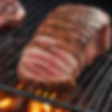 Marinated meat resting on a grill grate