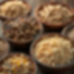 A close-up of diverse whole grains in wooden bowls showcasing their textures.