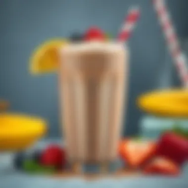 A refreshing protein shake adorned with a sprinkle of cocoa and fruits