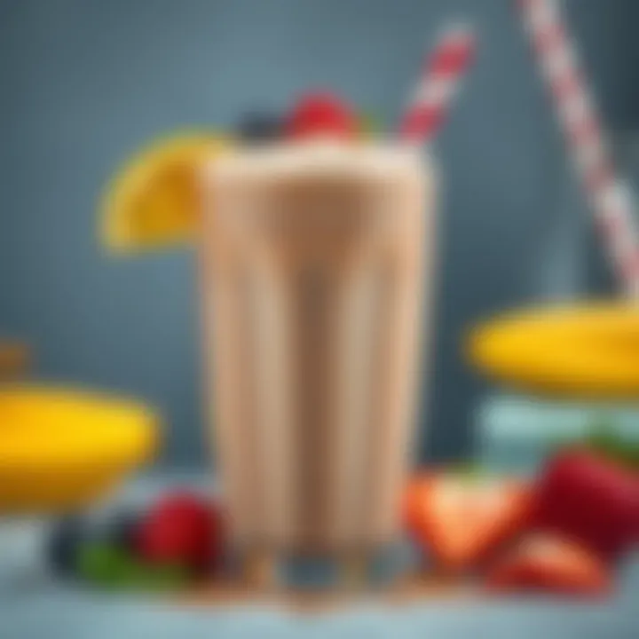 A refreshing protein shake adorned with a sprinkle of cocoa and fruits