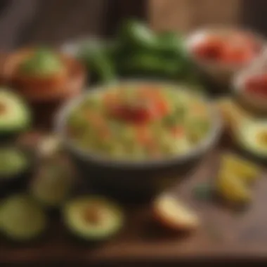 A traditional guacamole bowl adorned with fresh ingredients