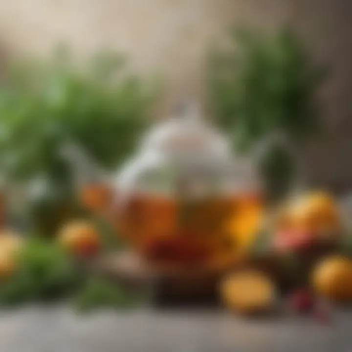 An elegant teapot surrounded by an assortment of fresh herbs and fruits used for flavor enhancement