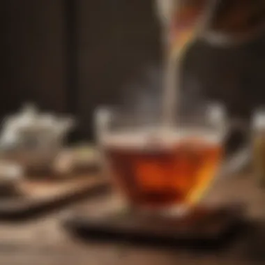 A steaming cup of tea placed on a wooden table, highlighting the rich color and inviting aroma of the brew