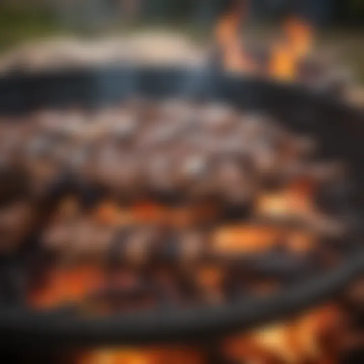 A close-up of a traditional barbecue pit with flames and smoking wood