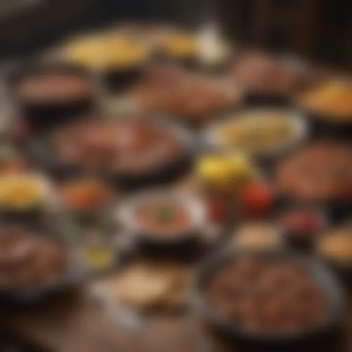 A vibrant table spread featuring various barbecue dishes and sides