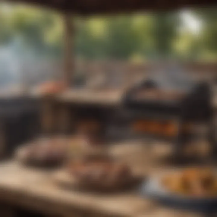 A rustic barbecue setup with a smoky grill and food preparation area