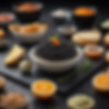 An artistic arrangement of caviar alongside gourmet accompaniments