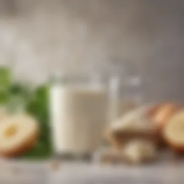 A close-up of a glass of fresh organic milk with a backdrop of organic ingredients, highlighting the purity and nutrition of organic products.