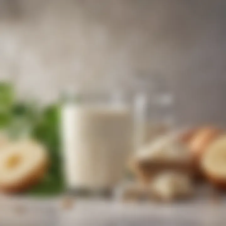 A close-up of a glass of fresh organic milk with a backdrop of organic ingredients, highlighting the purity and nutrition of organic products.